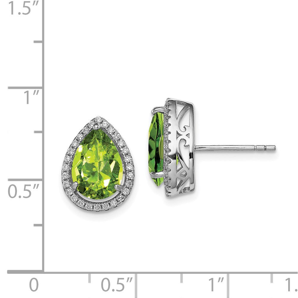 Sterling Silver Rhodium Polished Simulated Peridot & CZ Button Stud Earrings