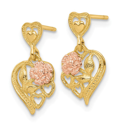 14k Two-tone Gold Heart w/Flower Dangle Earrings