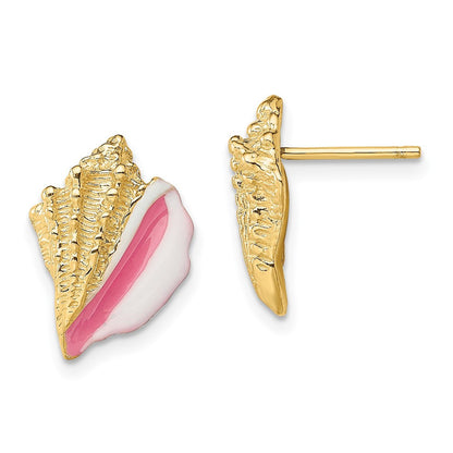 14k Yellow Gold White and Pink Enamel Conch Shell Stud Earrings