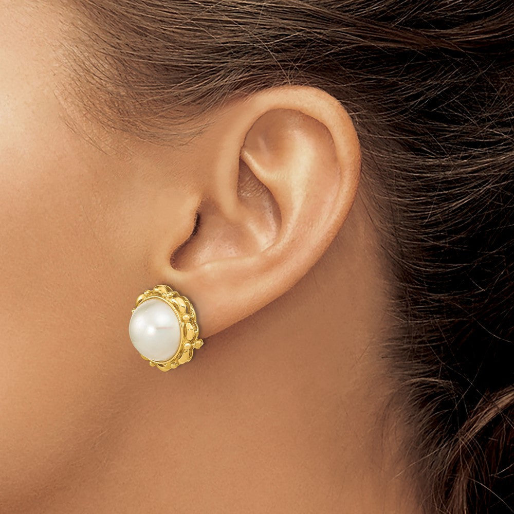 14k Yellow Gold 14mm Saltwater Cultured Pearl Omega Back Stud Earrings