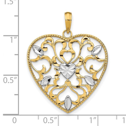 14k Yellow Gold Rhodium Filigree Leaf Accent Heart Charm Pendant