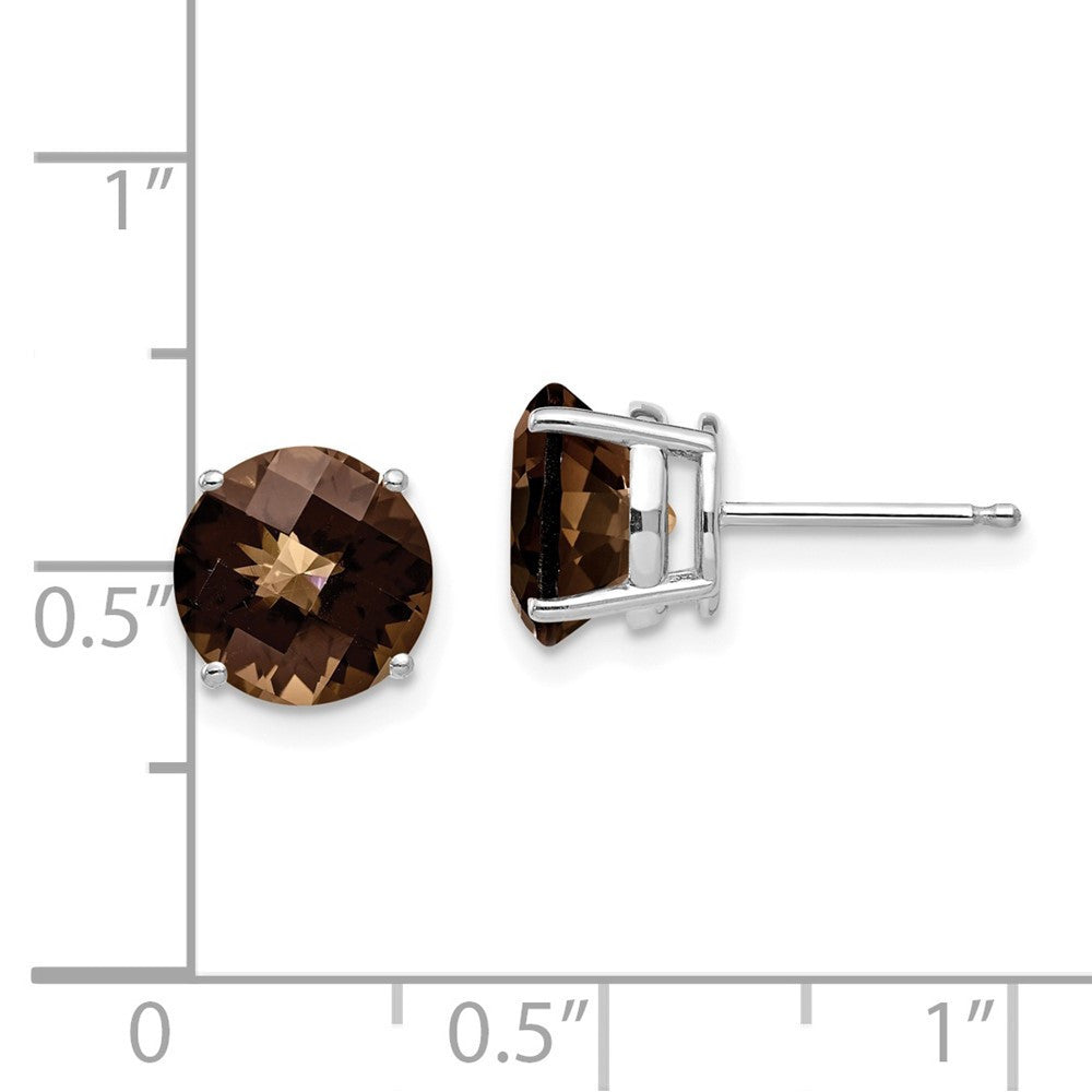14k White Gold  8mm Round Checker-Cut Smoky Quartz Stud Earrings