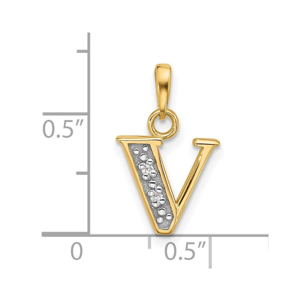 14k Yellow Gold with Rhodium Diamond Letter V Initial Pendant