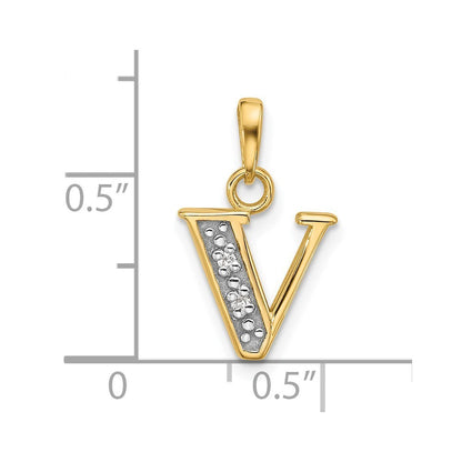 14k Yellow Gold with Rhodium Diamond Letter V Initial Pendant