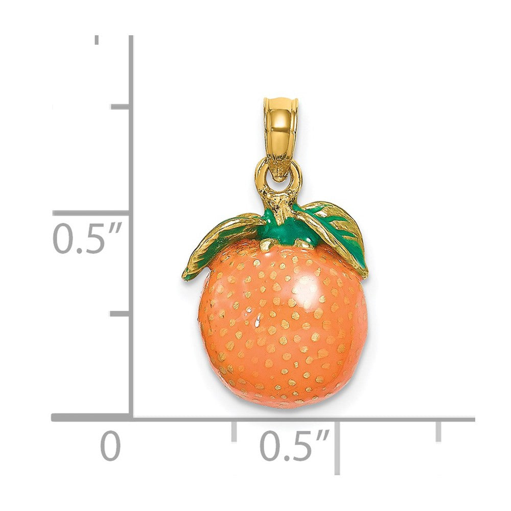 14k Yellow Gold Enamel 3-D Orange With Stem and Leaf Charm Pendant