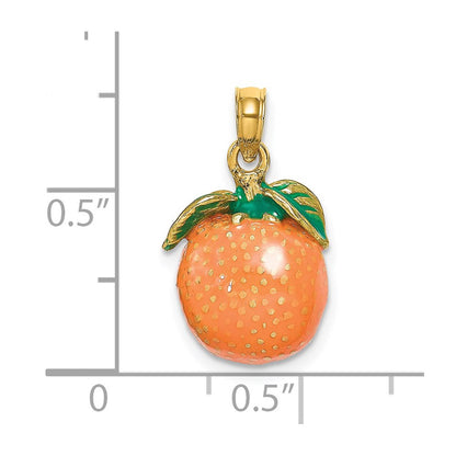 14k Yellow Gold Enamel 3-D Orange With Stem and Leaf Charm Pendant