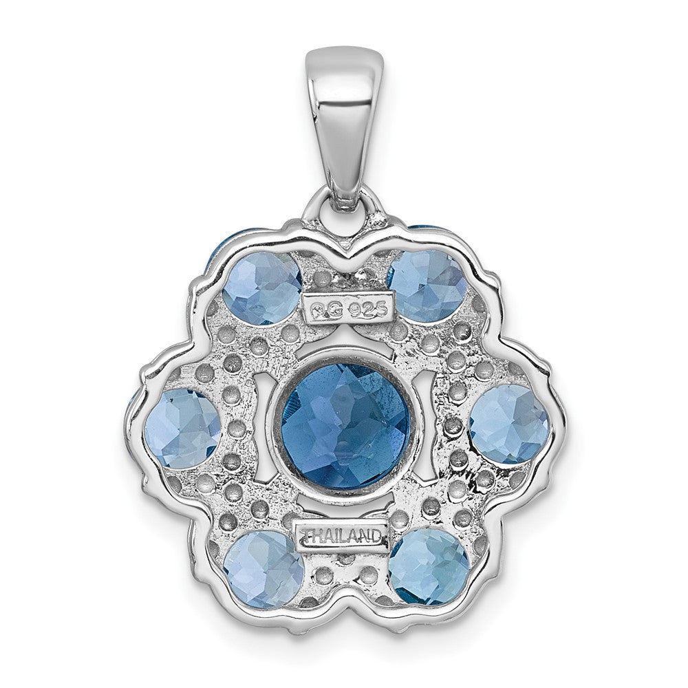Sterling Silver Rhodium Polished Blue Topaz and Swiss Blue Topaz Flower Pendant