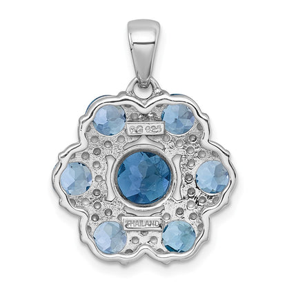 Sterling Silver Rhodium Polished Blue Topaz and Swiss Blue Topaz Flower Pendant