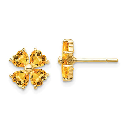 14k Yellow Gold Heart-shaped Citrine Flower Stud Earrings