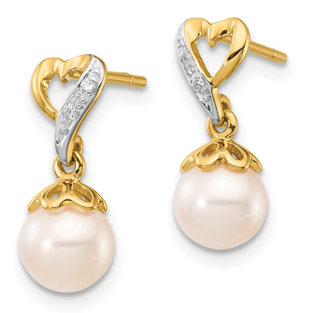 14k Yellow Gold 6-7mm Round FWC Pearl .01ct Heart Diamond Dangle Earrings