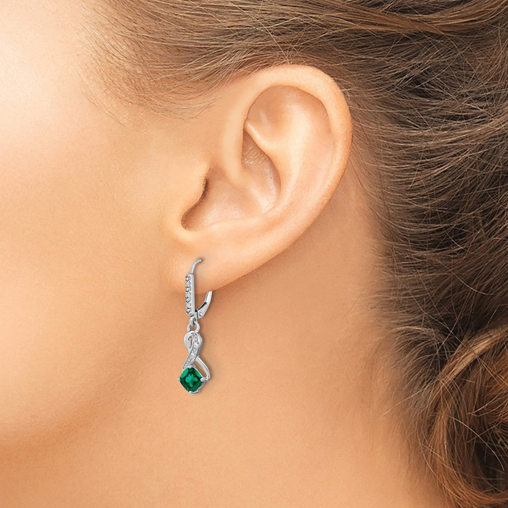 Sterling Silver Rhodium-plated Created Emerald and Diamond Dangle Earrings