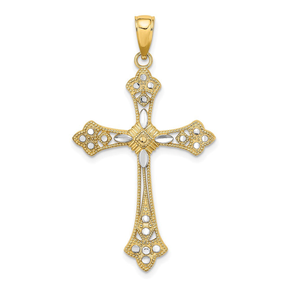14k Yellow Gold Rhodium Diamond-Cut Edges Cross Charm Pendant