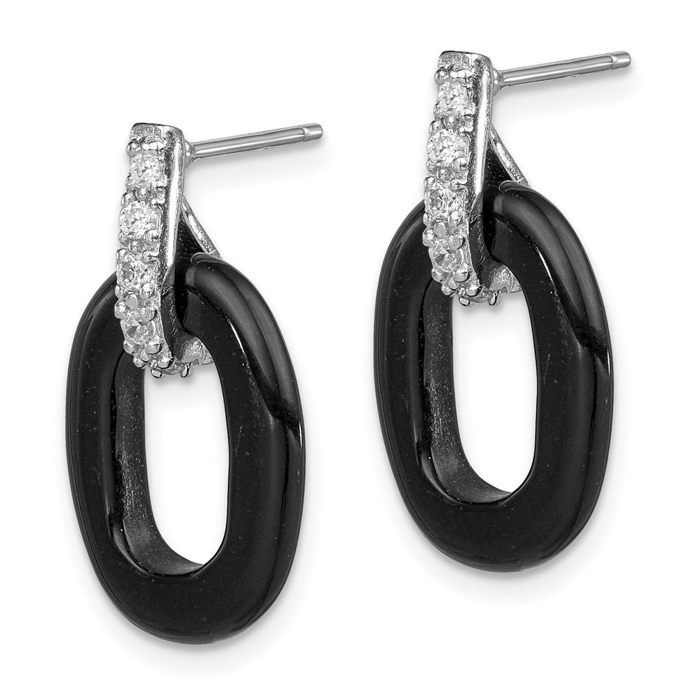 Sterling Silver Rhod-plated Polished Onyx & CZ Oval Dangle Earrings