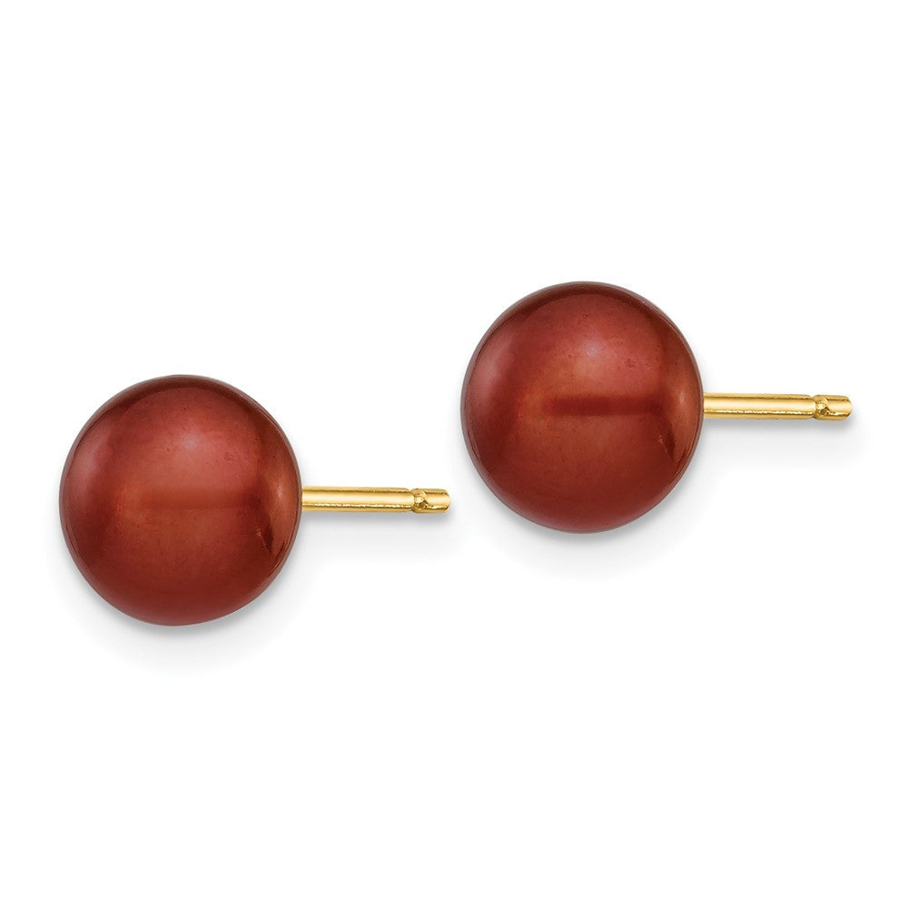 14k Yellow Gold 6-7mm Brown Button Freshwater Cultured Pearl Stud Earrings