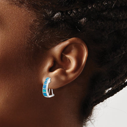 Sterling Silver Rhodium-plated Polished Blue Created Opal Inlay J-Hoop Earrings