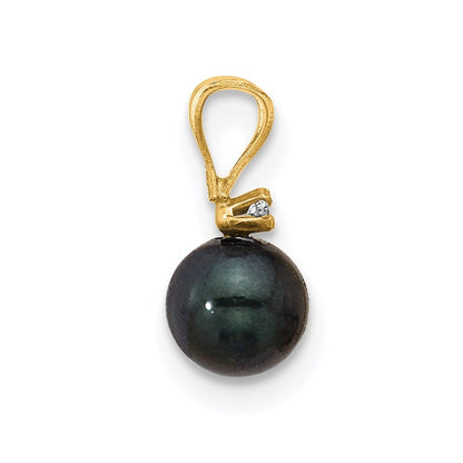 14k Yellow Gold 6mm Black Round Akoya Saltwater Cultured Pearl & Diamond Pendant