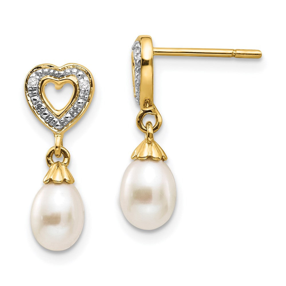 14k Yellow Gold 7x5mm Teardrop FWC Pearl .01ct Heart Diamond Dangle Earrings