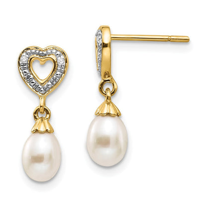 14k Yellow Gold 7x5mm Teardrop FWC Pearl .01ct Heart Diamond Dangle Earrings