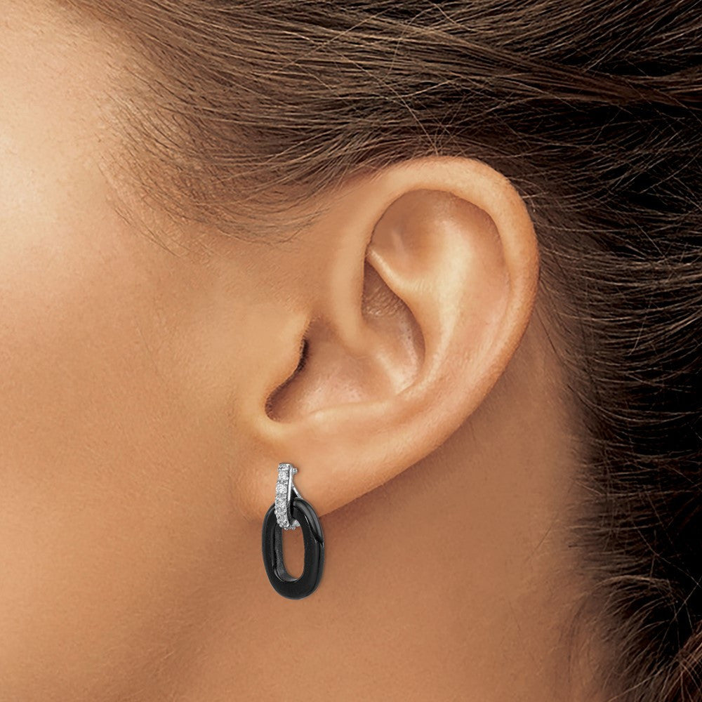 Sterling Silver Rhod-plated Polished Onyx & CZ Oval Dangle Earrings