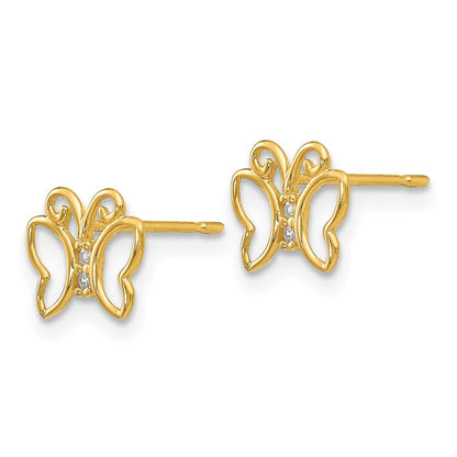 14k Yellow Gold CZ Children's Butterfly Button Stud Earrings