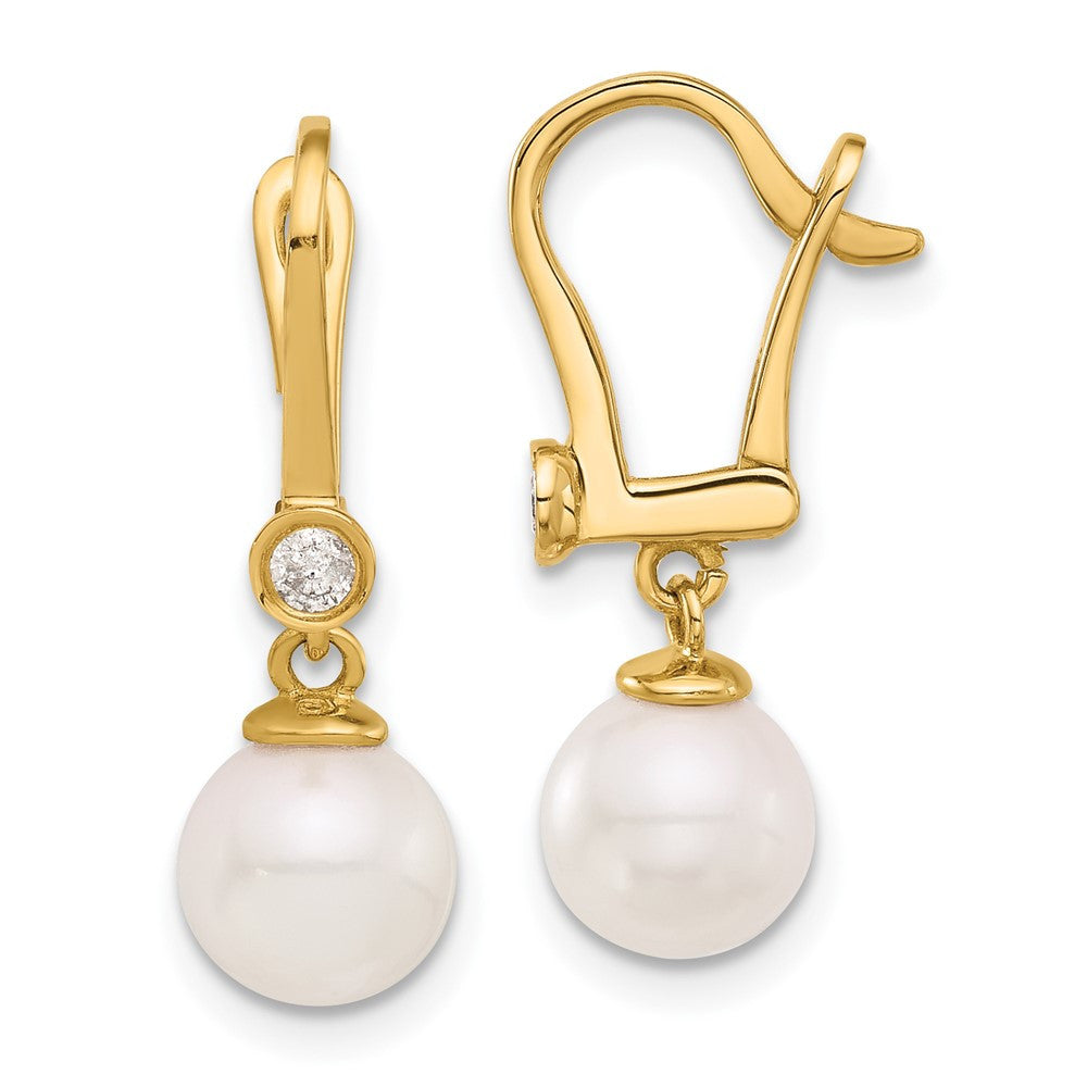 14k Yellow Gold 8mm Akoya Saltwater Cultured Pearl & Diamond Dangle Earrings