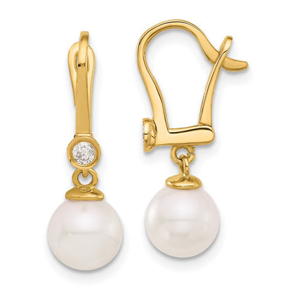 14k Yellow Gold 8mm Akoya Saltwater Cultured Pearl & Diamond Dangle Earrings