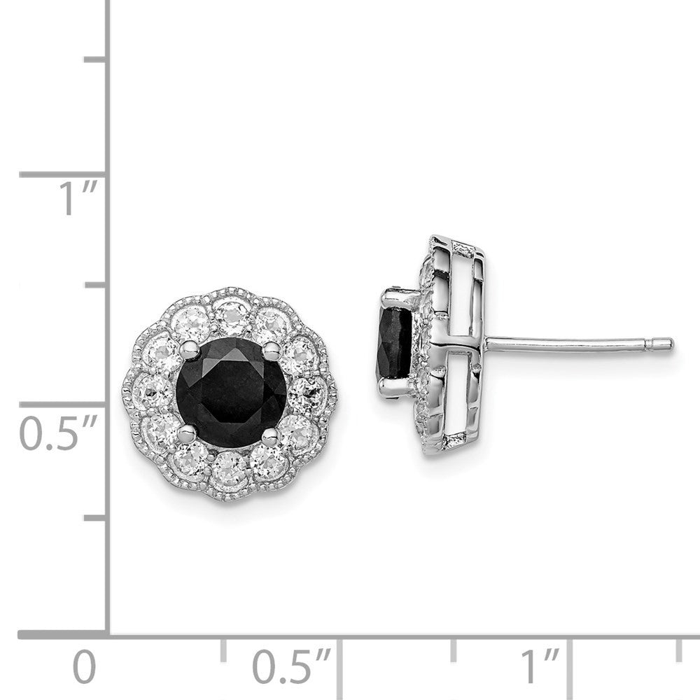 Sterling Silver Rhodium-plated Black Sapphire & White Topaz Button Stud Earrings