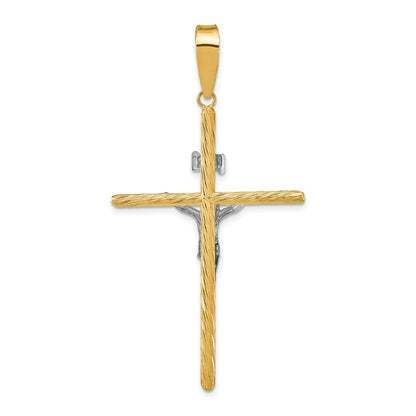 14k Yellow Gold White Rhod Polished & Textured INRI Crucifix Cross Pendant