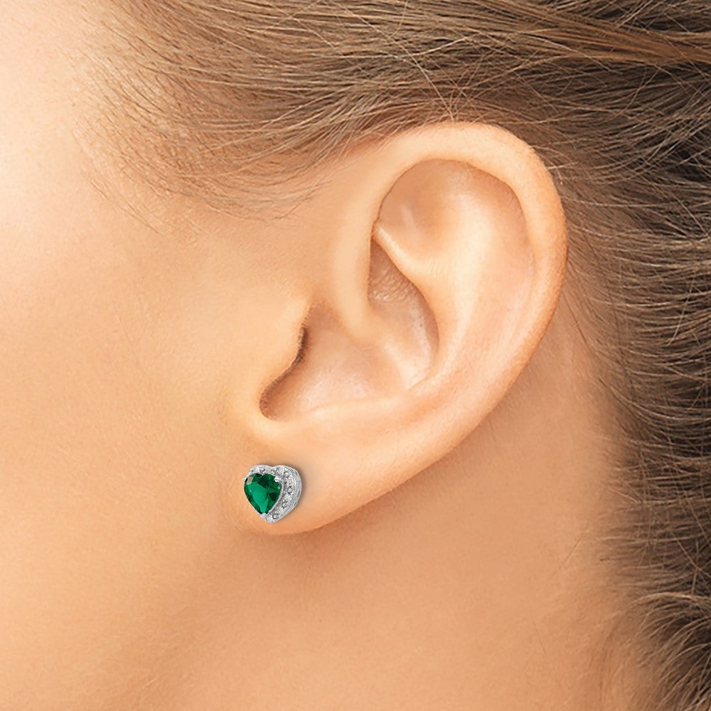Sterling Silver Rhodium-plated Created Emerald and Diamond Button Stud Earrings