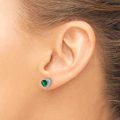 Sterling Silver Rhodium-plated Created Emerald and Diamond Button Stud Earrings