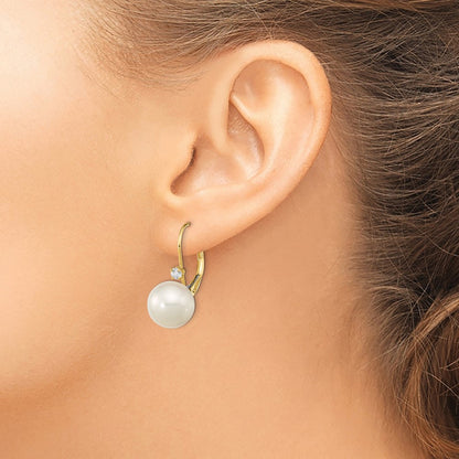 14k Yellow Gold Cultured Pearl and Diamond Leverback Drop & Dangle Earrings