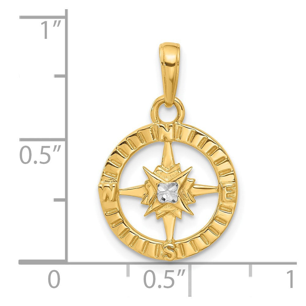 14k Yellow Gold and White Rhodium Diamond-Cut Compass Pendant