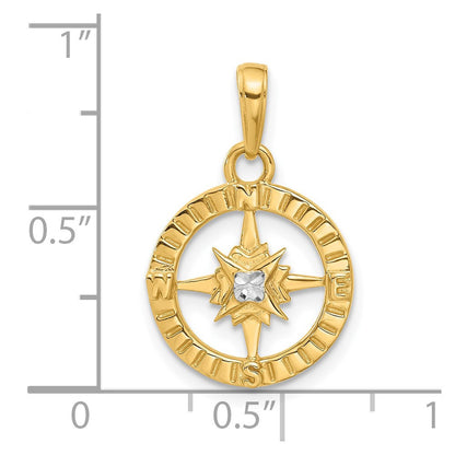 14k Yellow Gold and White Rhodium Diamond-Cut Compass Pendant