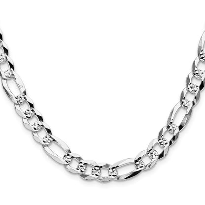 Sterling Silver 8.5mm Flat Diamond-Cut Pave Figaro Chain Necklace 22"