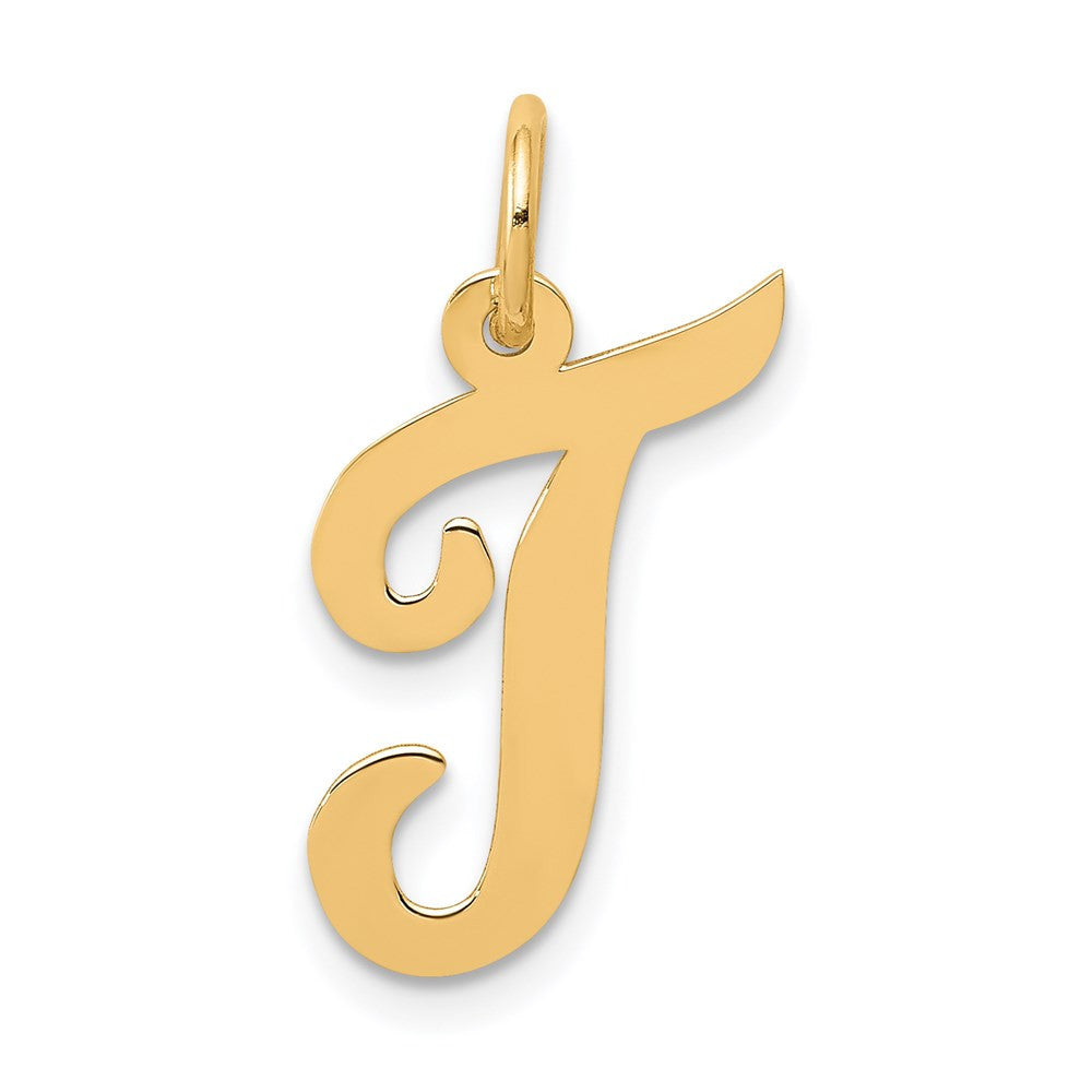 14k Yellow Gold Medium Script Letter T Initial Charm Pendant