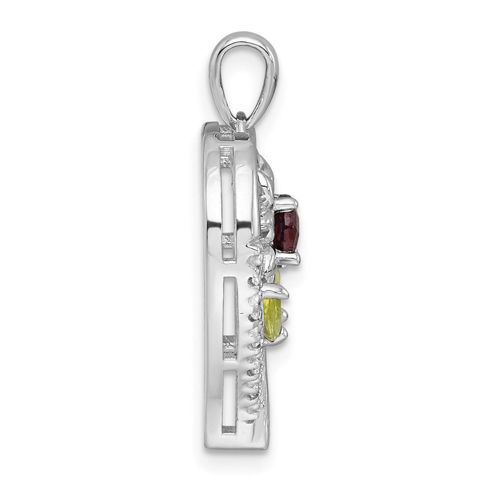 Sterling Silver Rhodium Polished Garnet and White Topaz Flower Heart Pendant