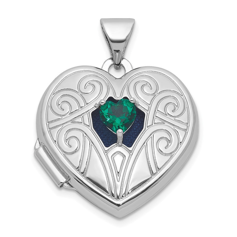 Sterling Silver Lab Created Emerald May Birthstone 18mm Heart Locket