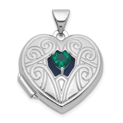 Sterling Silver Lab Created Emerald May Birthstone 18mm Heart Locket