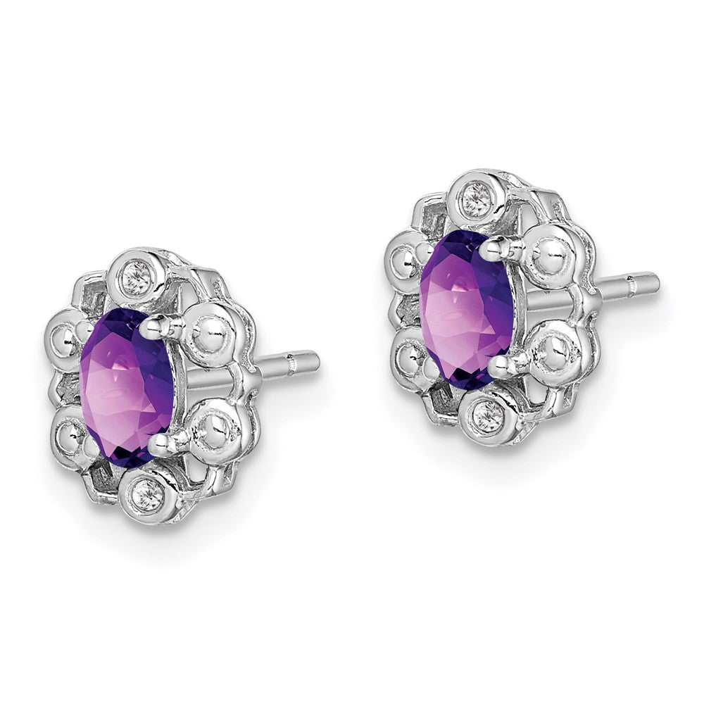Sterling Silver Rhodium-plated Amethyst & Diam. Button Stud Earrings
