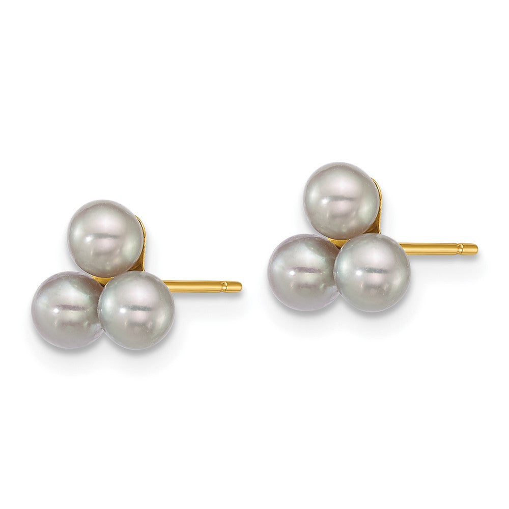 14k Yellow Gold 3-4mm Button Grey Freshwater Cultured 3-Pearl Stud Earrings