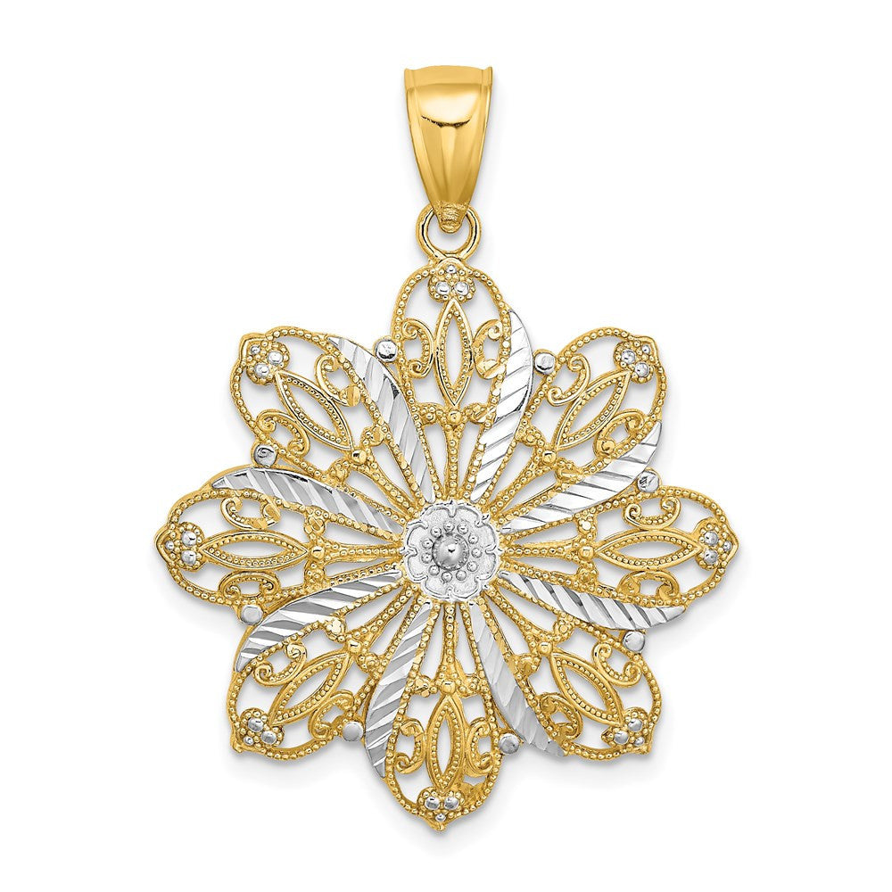 14k Yellow Gold Rhodium Diamond-Cut Flower Charm Pendant