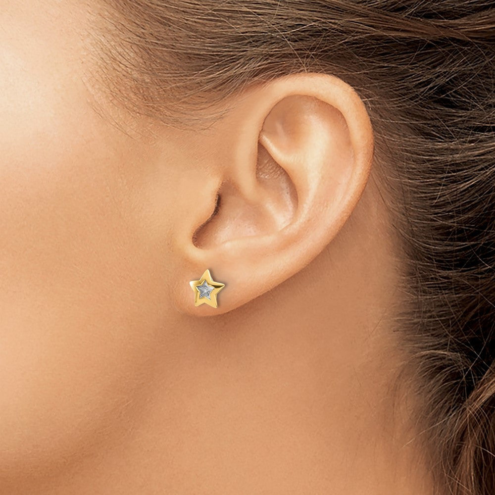 14k Yellow Gold with Rhodium Polished and Textured Star Button Stud Earrings