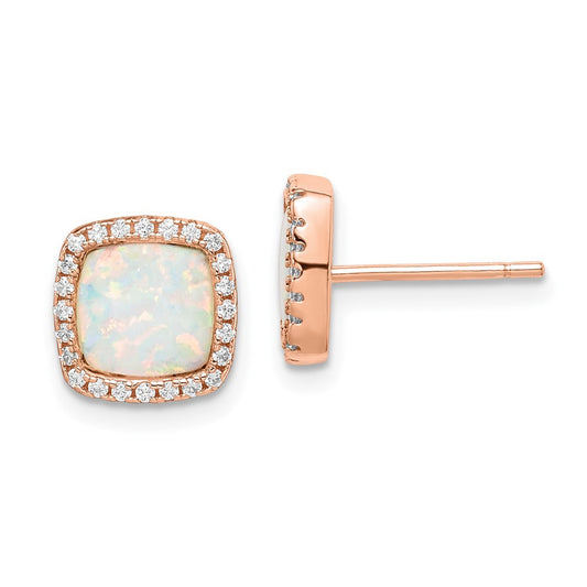 Sterling Silver Rose-Tone Created Opal & CZ Square Halo Button Stud Earrings