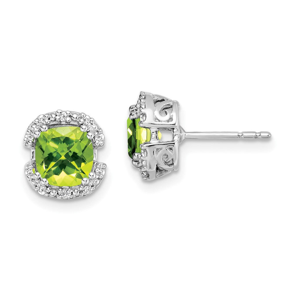 14k White Gold Cushion Peridot and Diamond Halo Stud Earrings
