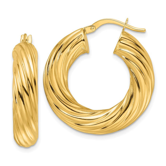 14k Yellow Gold Polished Twist 6mm Hollow Round Hoop Earrings
