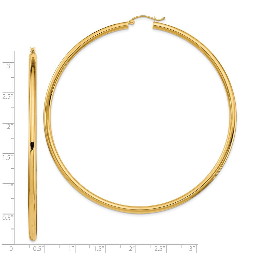 14k Yellow Gold Polished 3x80mm Lightweight Round Tube Hoop Earrings
