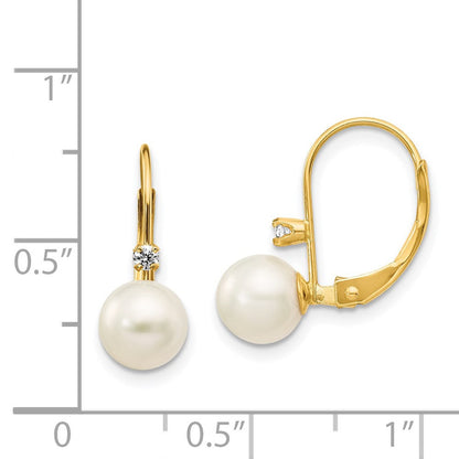 14k Yellow Gold 7mm Freshwater Cultured Pearl & .06 Ct Diamond Dangle Earrings