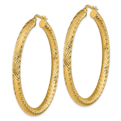 14k Yellow Gold 4x50mm Diamond-cut Round Hoop Earrings