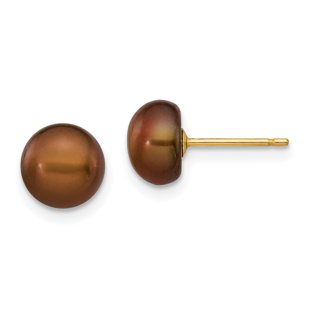 14k Yellow Gold 7-8mm Brown Button Freshwater Cultured Pearl Stud Earrings