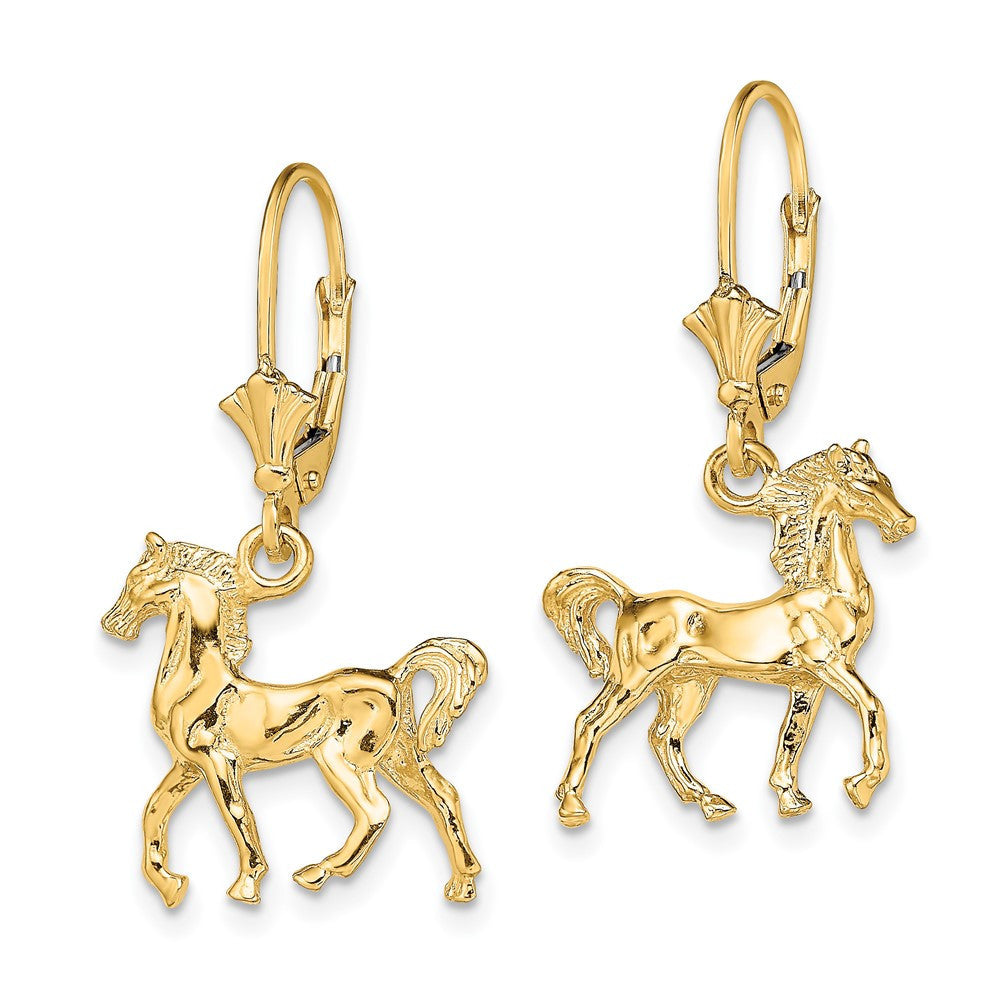 14k Yellow Gold 3-D Polished Leverback Horse Drop & Dangle Earrings